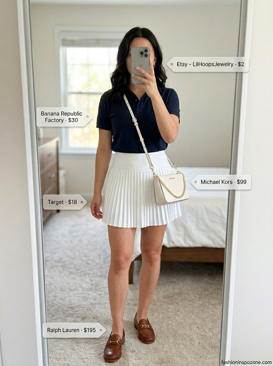 Pleated Mini Skirt Outfits Summer 2026: Preppy Brunch Pleated mini skirt outfits summer 2026: White tennis skirt, navy polo, loafers for preppy brunch.