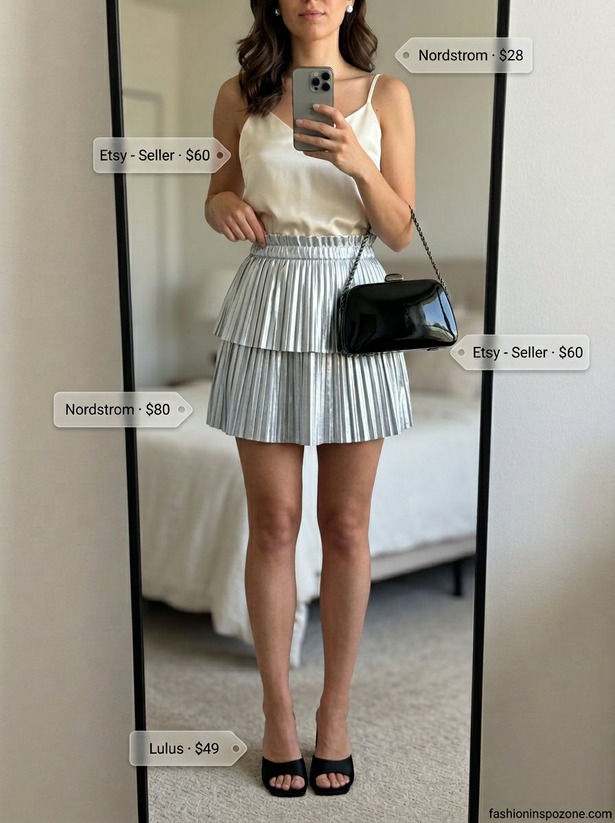 Glamorous Pleated Mini Skirt Outfits Summer 2026 Glamorous pleated mini skirt outfit summer 2026 with silver metallic skirt, cream silk cami, and black heeled mules.