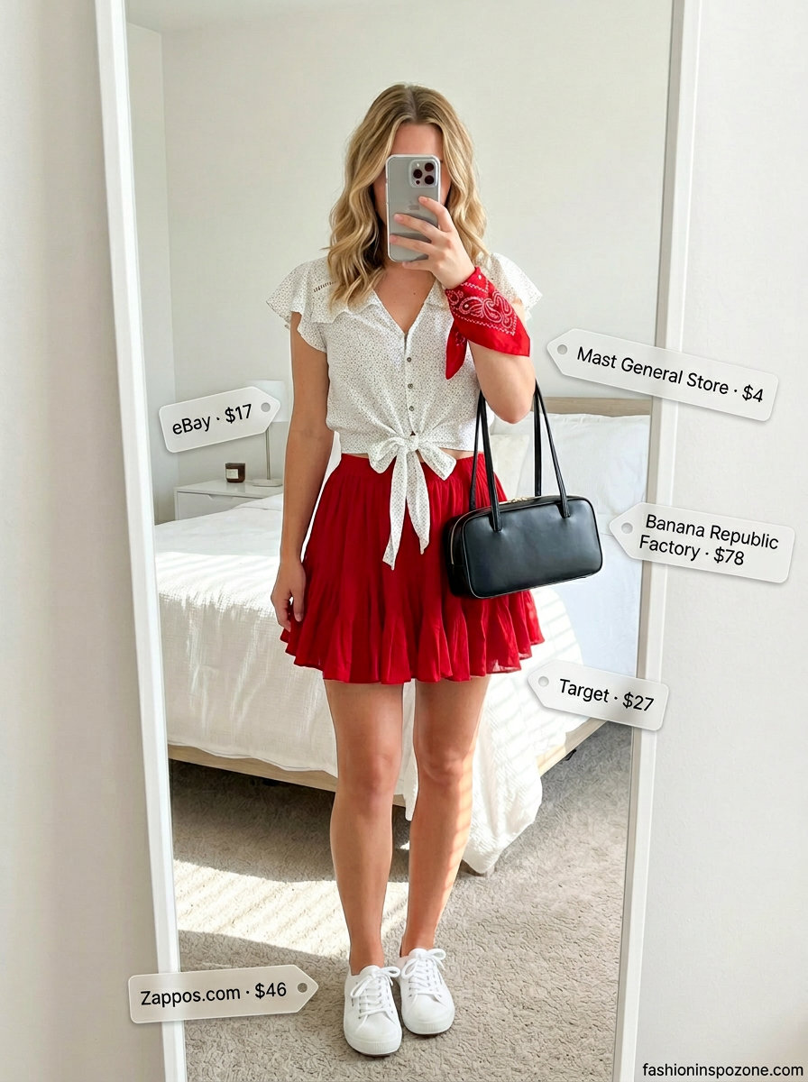 Playful Pleated Mini Skirt Outfits Summer 2026 Playful pleated mini skirt outfit summer 2026 with polka dot blouse, cherry red skirt, and canvas sneakers.