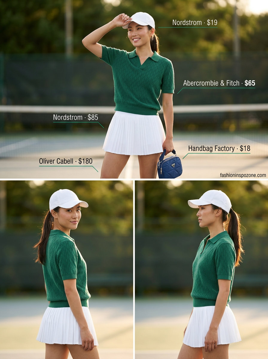 Sporty Pleated Mini Skirt Outfits Summer 2026 Sporty pleated mini skirt outfit summer 2026 in white tennis style with emerald green polo and navy crossbody bag.