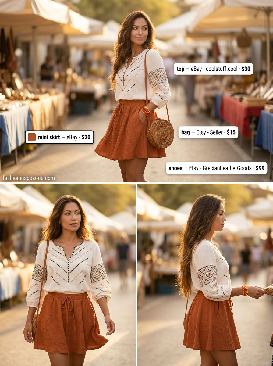 Pleated Mini Skirt Outfits Summer 2026: Boho Casual Pleated mini skirt outfits summer 2026: Terracotta skirt, off-white blouse, rattan bag, leather sandals for casual outing.