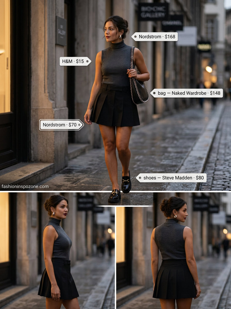 Urban Edge Pleated Mini Skirt Outfits Summer 2026 Black pleated mini skirt outfit summer 2026 with mock neck top and chunky loafers for urban edge.