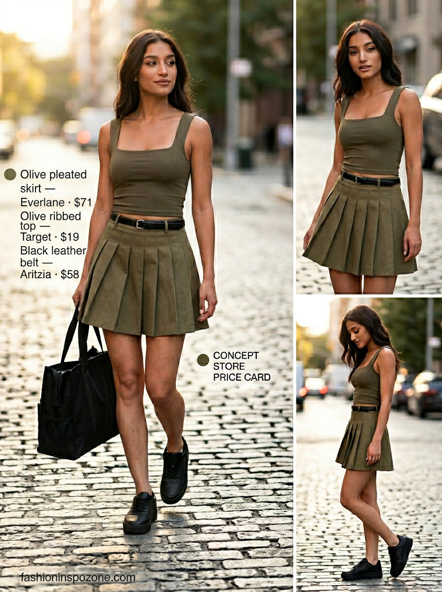 Chic Pleated Mini Skirt Outfits Summer 2026 Chic pleated mini skirt outfit summer 2026 in khaki twill with olive green tank top and canvas tote bag.