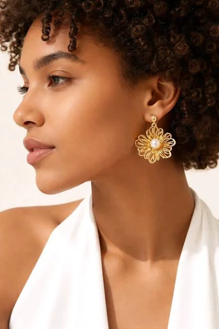 accessory 18K Gold-Plated Floral Stud Earrings with Pearl Accents Etsy - Seller $12.68