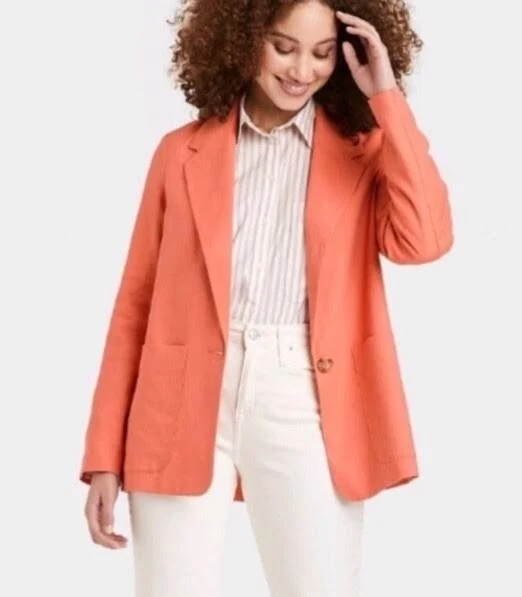 blazer A Day Sz Xs Coral Orange Single Button Linen Blazer Cardigan Relaxed eBay - macie_2609 $23.99