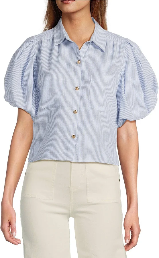 blouses A Loves A Linen Stripe Point Collar Short Bubble Sleeve Button Front Shirt Dillard's $99