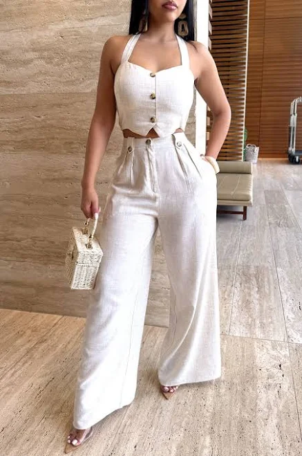 two piece set Aakaa Cropped Linen Vest and Pants Set hotmiamistyles.com $59.99