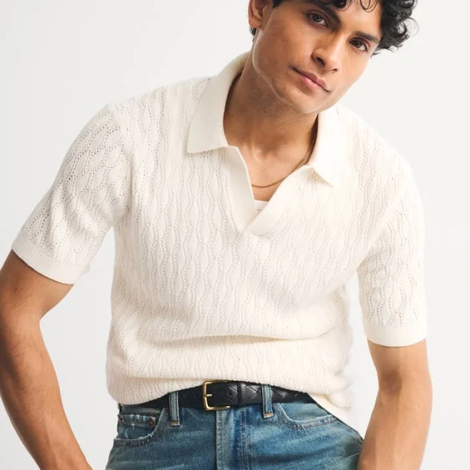 top Abercrombie & Fitch Men's Textured Johnny Collar Sweater Polo Abercrombie & Fitch $65