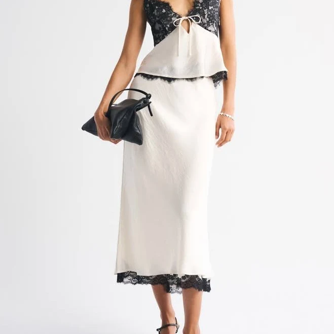 bottom Abercrombie & Fitch Women's High-Rise Satin Lace-Hem Midi Skirt Abercrombie & Fitch $54.99