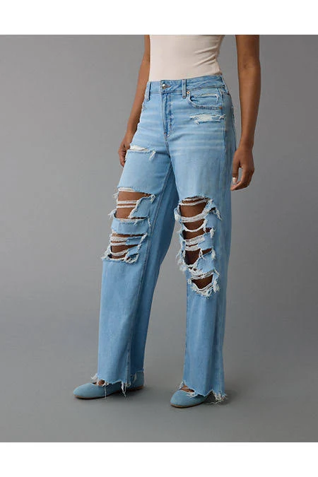 jeans AE Dreamy Drape Stretch Ripped Super High-Waisted Baggy Wide-Leg Jean American Eagle Outfitters $39.99