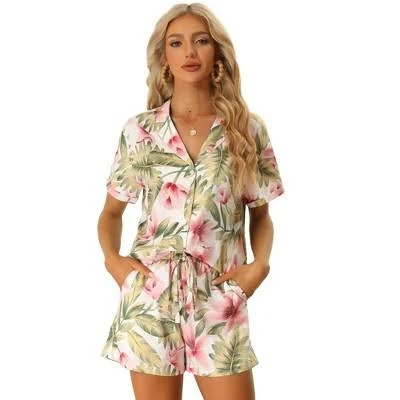 matching set Allegra K Women's Floral Hawaiian Button Down Shirt and Short Set Target $35.09