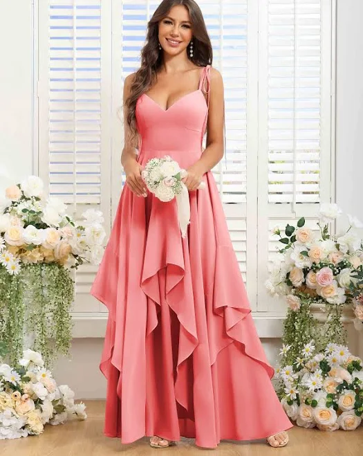 dress Amaranth Flowing A-Line V-Neck Ruffle Floor Length Bridesmaid Dress Pomuyoo $89