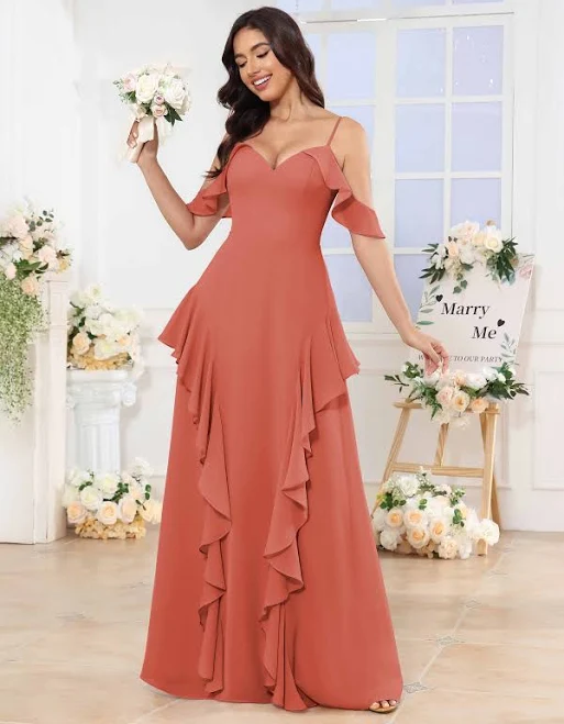 dress Amaranth Flowing A-Line V-Neck Ruffle Floor Length Bridesmaid Dress Pomuyoo $89