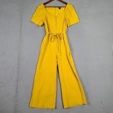 jumpsuit Ann Taylor Jumpsuit Women's 0 Yellow Linen Blend Short Sleeve Wide Leg Coastal eBay $27.99