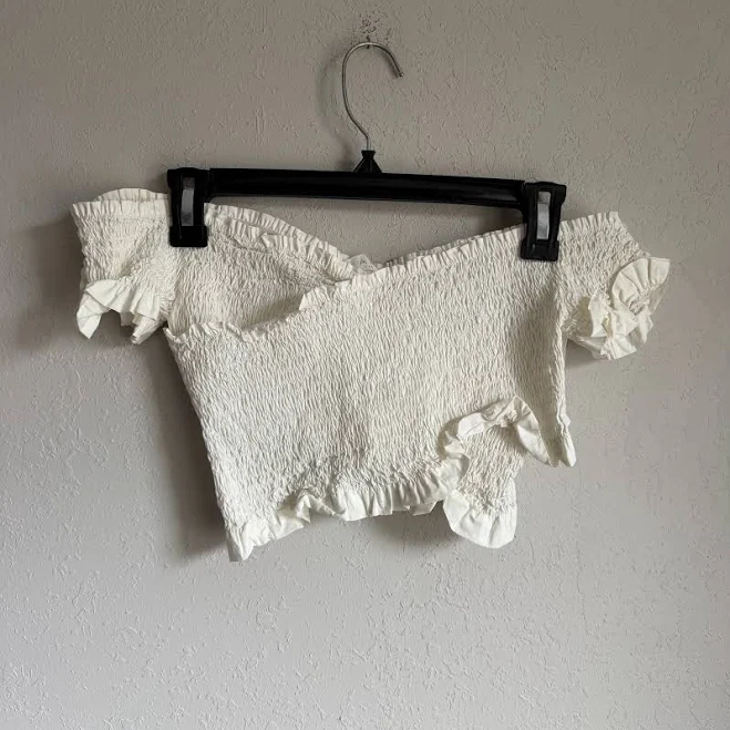 off-shoulder top Astr The Label Tops | Astr The Label White Off The Shoulder Smocked Crop Top Ruffle Trim Womens S | Color: White | Size: S | Gracieruckman's Closet Poshmark $28
