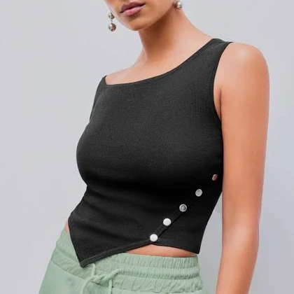 top Asymmetrical Neck Rivet Solid Knitted Crop Top Cider $7.47