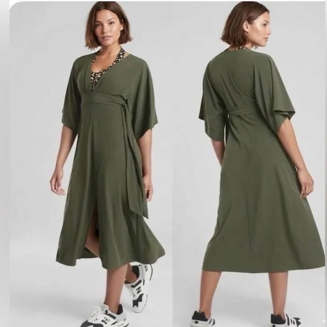 dress Athleta Women's Calistoga Wrap Midi Dress - Olive Green - UPF 49 Depop $56