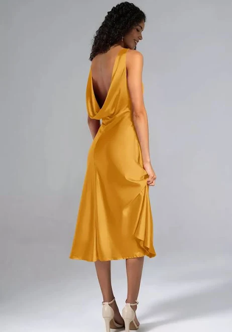 dress AW.Bridal A-line V-Neck Tea Length Sleeveless Sheer Straps Satin Cowl Back Wedding Guest Dresses AW Bridal $76.49