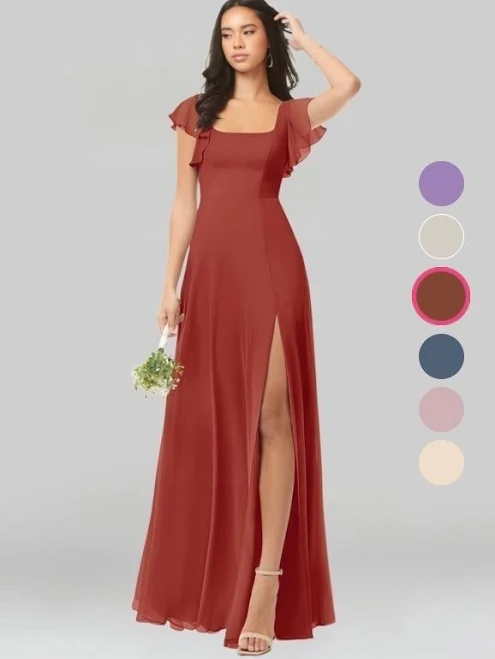 dress Azazie A-Line Square Neck Floor-Length Chiffon Bridesmaid Dresses Azazie.com $99