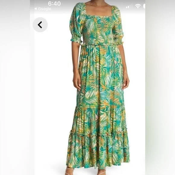 dress BETSEY JOHNSON Square Neck Puff Sleeve Tropical Leaf Print Maxi Dress eBay - nerjusu-94 $17.6