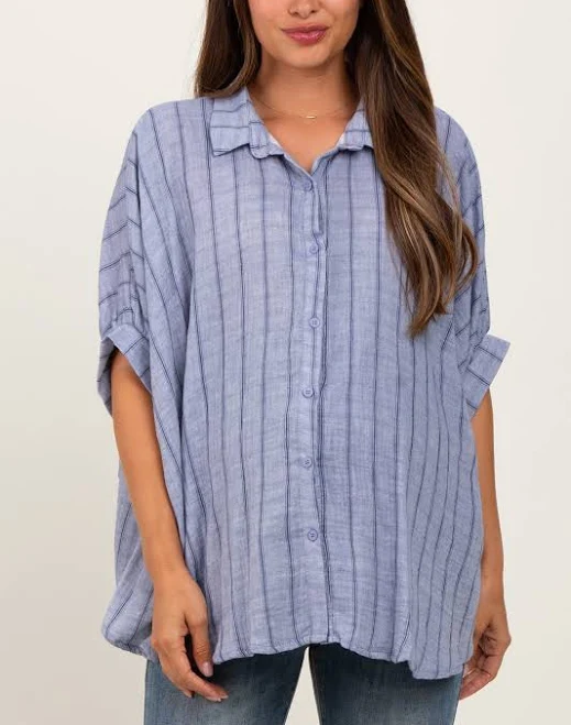 top Blue Striped Collared Oversized Maternity Top PinkBlush Maternity $65