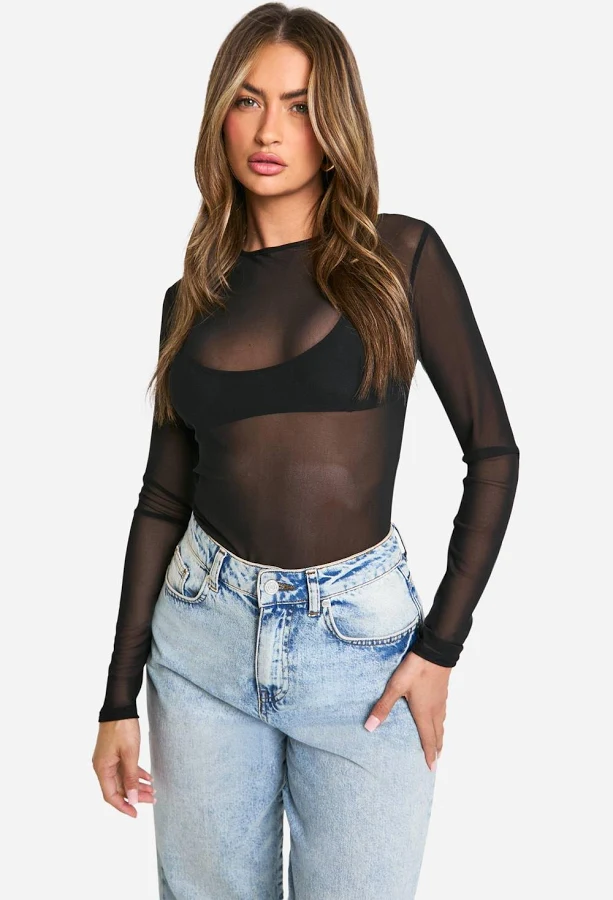 bodysuit Boohoo Women's Basic Mesh Long Sleeve Bodysuit boohoo USA $13.6