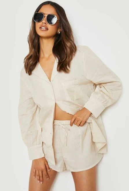 matching set Boohoo Women's Relaxed Fit Linen Boyfriend Shirt & Shorts Nasty Gal - US $28