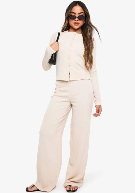 matching set Boohoo Women's Rib Button Through Long Sleeve Top and Wide Leg Trouser Co-Ord boohoo USA $34.8