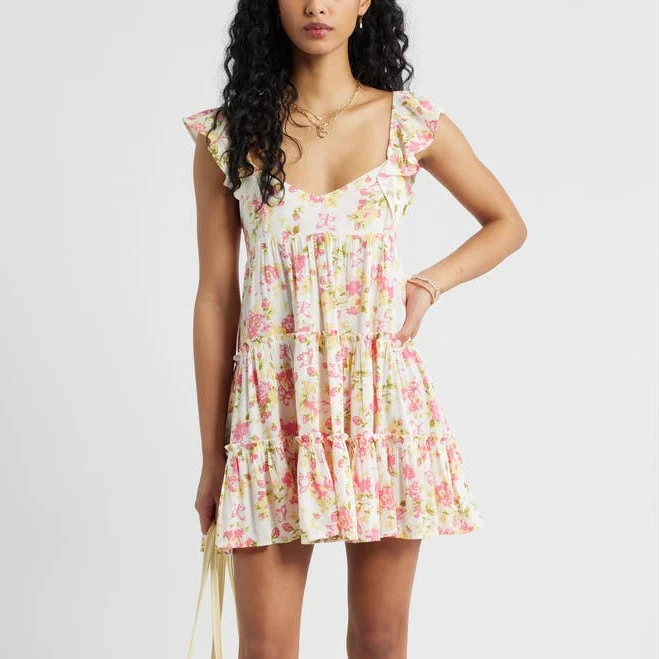 dress BP. Floral Flutter Sleeve Cotton Blend Mini Sundress in Ivory- Pink Savannah Garden at Nordstrom, Size Xx-Small Nordstrom $59.5