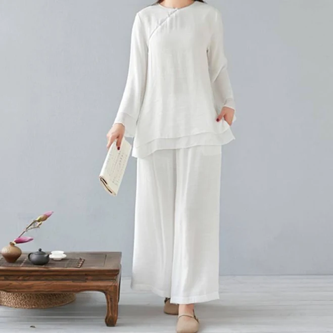 linen outfits Buddha Stones Women's Cotton Linen Three Quarter Sleeve Shirt and Pants Set Buddhastoneshop $69.59