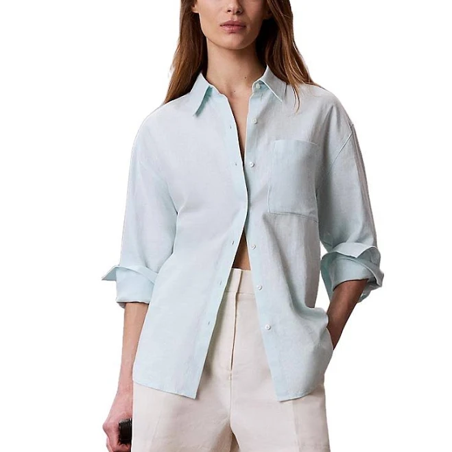 matching set Calvin Klein Women's Relaxed Linen Blend Button-Down Shirt Editorialist $99