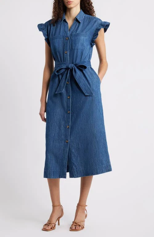 dress Caslon Tie Waist Denim Midi Dress Nordstrom $89.5