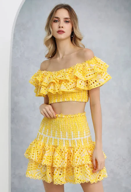 matching set Chicwish Off-Shoulder Ruffled Shirred Crop Top and Mini Skirt Set Chicwish $80.91