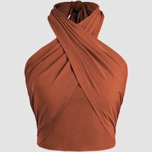 sleeveless top Cross Halter Top Party Wrap Shirred Back Crop Date Cider $17.9