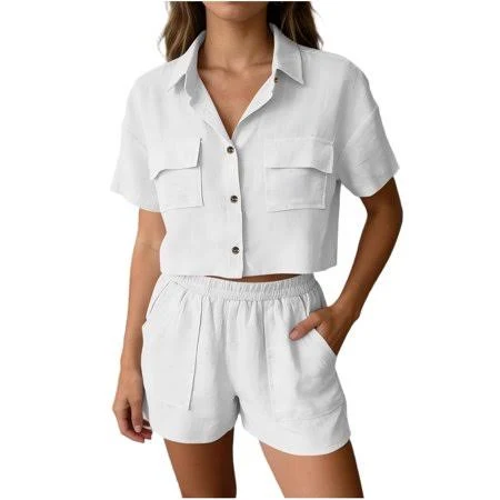 matching set Dazajoo Women's Linen Two Piece Sets Summer Button Down Short Sleeve Cropped Tops and Elastic Waist Shorts Comfy Lounge Suits with Pockets Walmart - Dazajoo $23.99