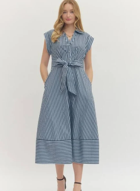 dress Donna Striped Cap Sleeve Midi Dress Sapphire On Spring $58