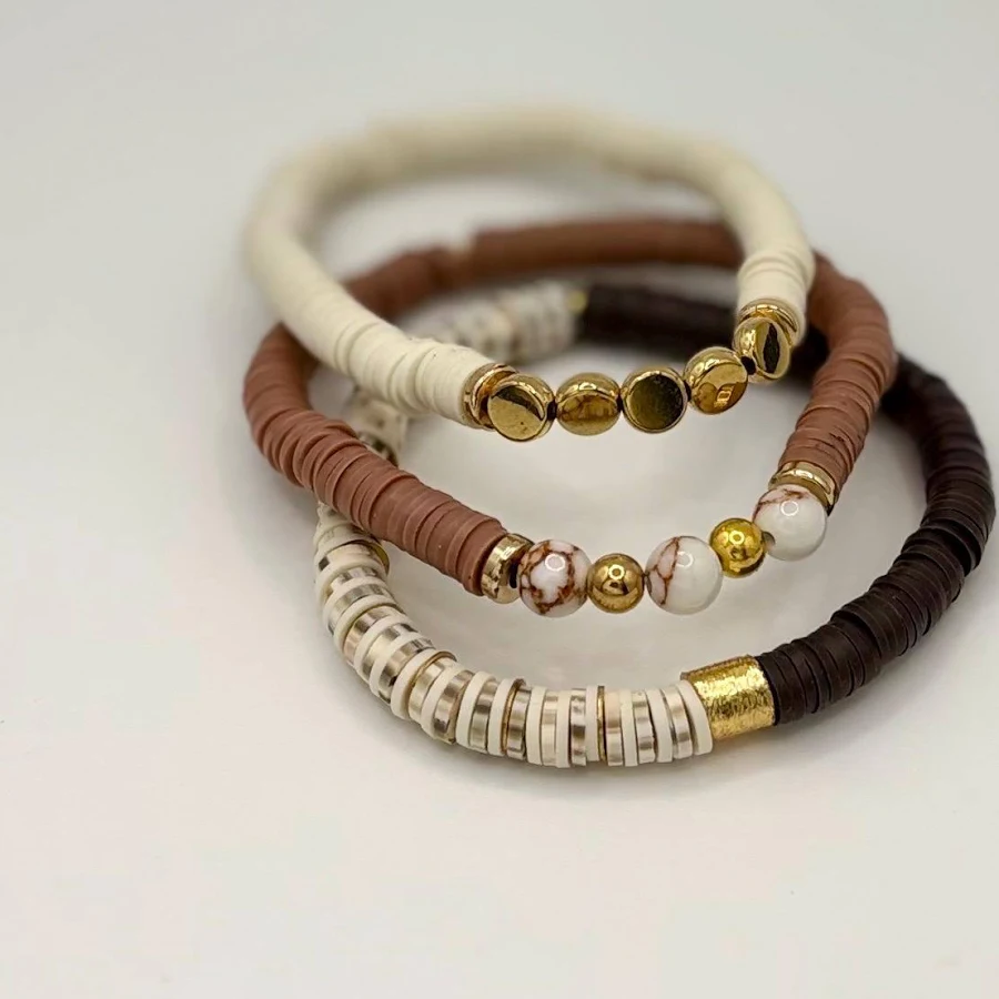accessory Earthy Neutral Bracelet Stack * Heishi Beaded Bracelets with Gold Accents * Warm Brown Stretch Bracelets * Handmade Jewelry Set of 3 Etsy - Seller $30