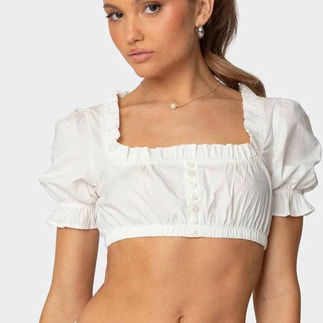 top Edikted Women's Lenora Puffed Sleeve Stretch Cotton Crop Top edikted $16