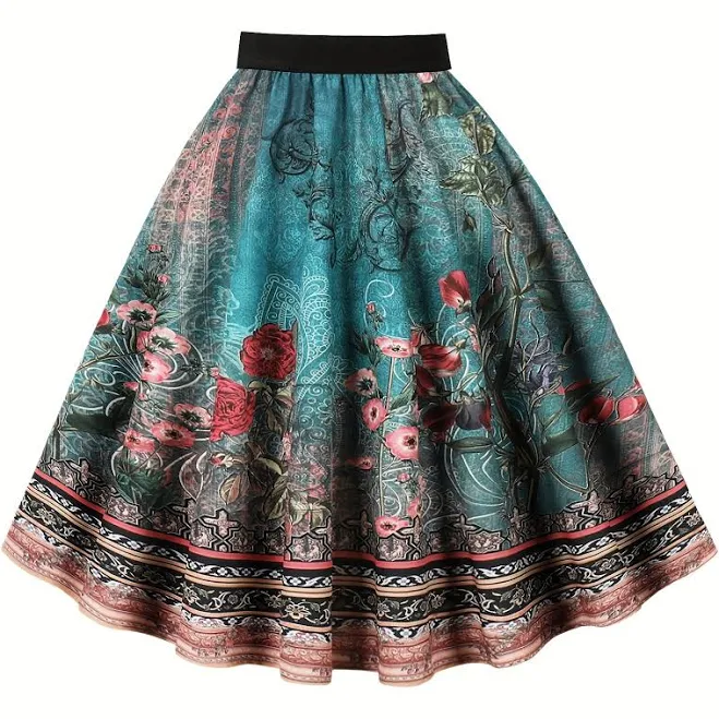 skirt Elegant Floral Print Non-Stretch Midi Skirt Temu $15.8