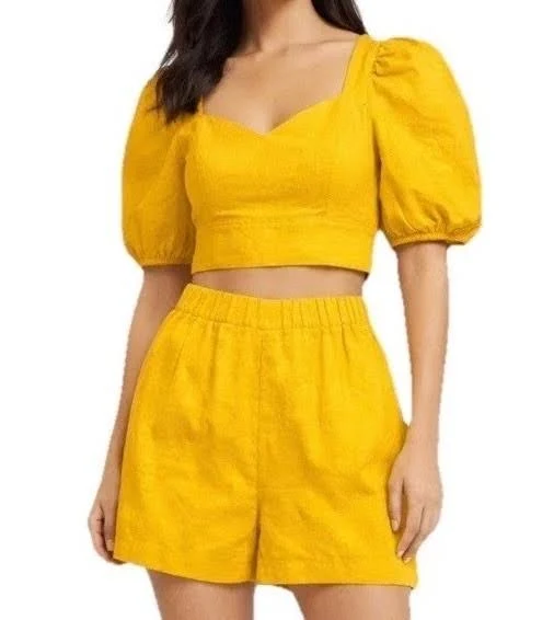 two piece set Express Gold Linen Blend Puff Sleeve Crop Top & High Waist Shorts eBay $40