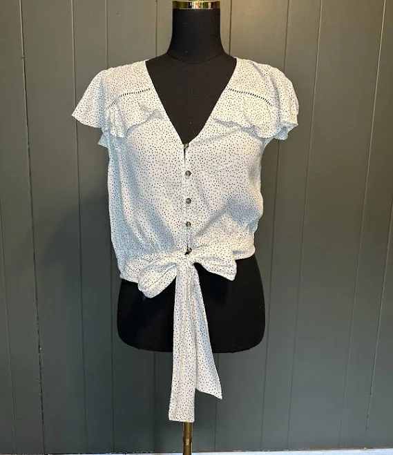 top Express White Black Polka Dot Blouse Cropped Tie Front Flutter Sleeve eBay $16.99