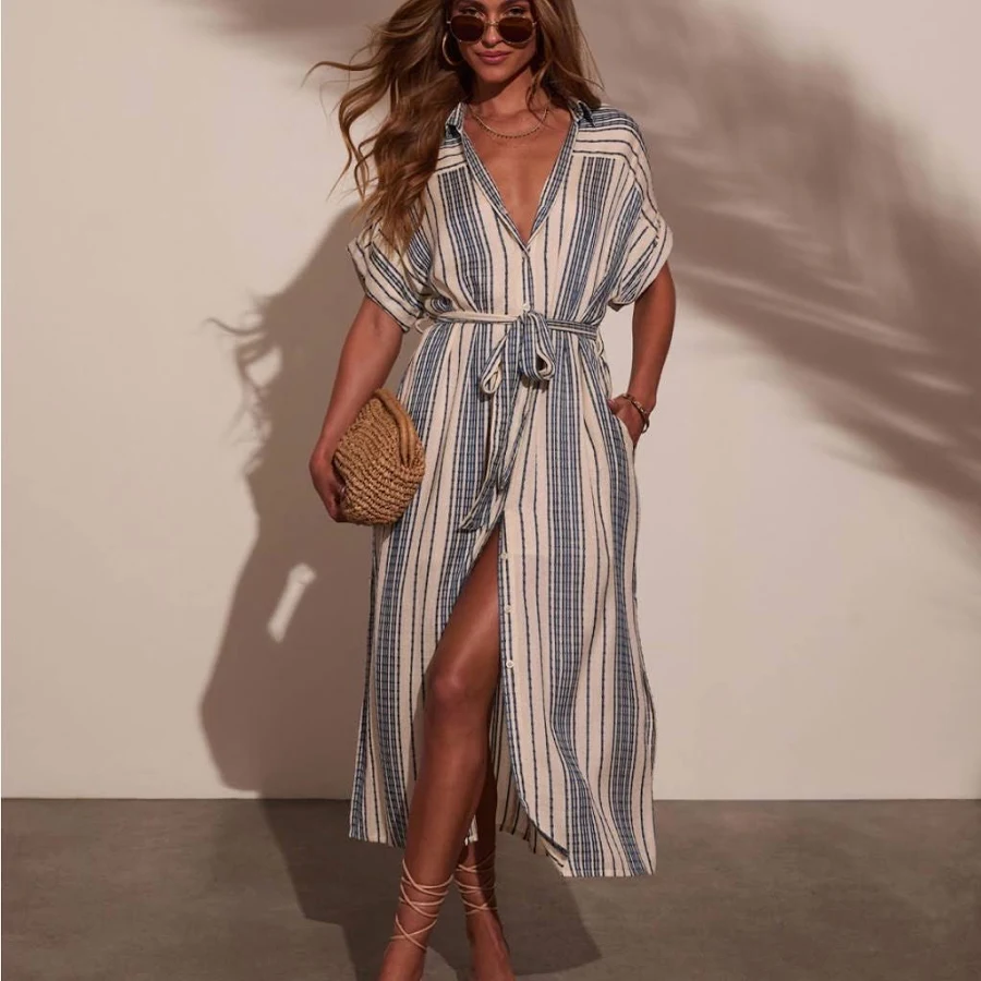 dress Falling Sun Striped Rayon Midi Shirt Dress VICI $54.6
