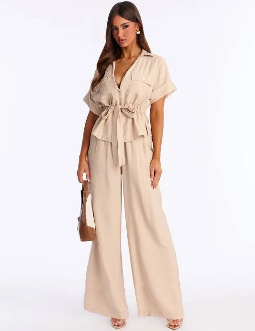 matching set Fashion Nova Linen Short Sleeve Button Up Shirt and Wide Leg Pant Set Fashion Nova $39.99