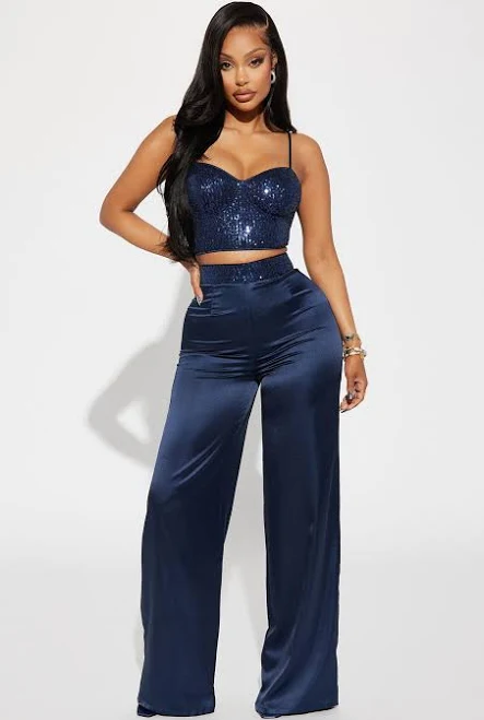 matching set Fashion Nova Sleeveless Satin Cropped Corset Wide Leg Pant Set in Navy, Size Birthday Or Holiday Glam Fashion Nova $29.99