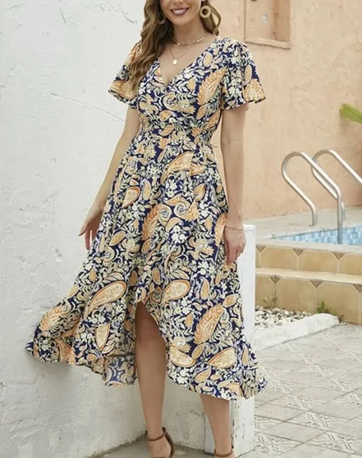 dress Floral Print Short Sleeve Wrap Midi Dress Charming Charlie $54.6