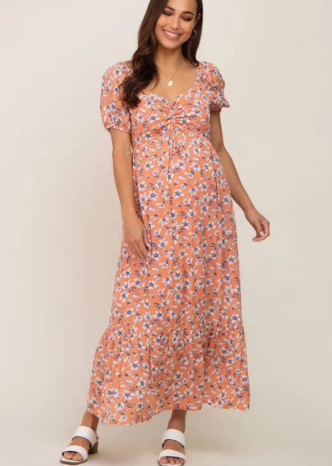 dress Floral Sweetheart Drawstring Neck Short Sleeve Maternity Midi Dress PinkBlush Maternity $46