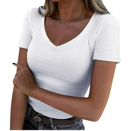top Frsasu Women's Short Sleeve V-Neck Ribbed Knit Fitted Basic Tees Tops Summer Casual Going Out T-Shirts White, Size: Large Walmart - Frushop $5.09