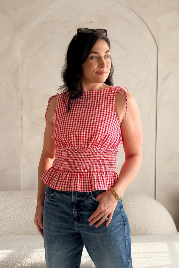 blouses Gingham Smocked Peplum Top Blooming Daily $33.6