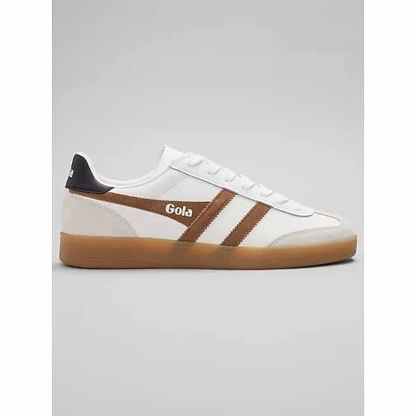 shoes Gola Viper T-Toe Leather Sneakers in White/Tobacco Tan, Gum Sole – Men’s Casual Retro Trainers, Size 10 D-Width Men's Wearhouse $76.99