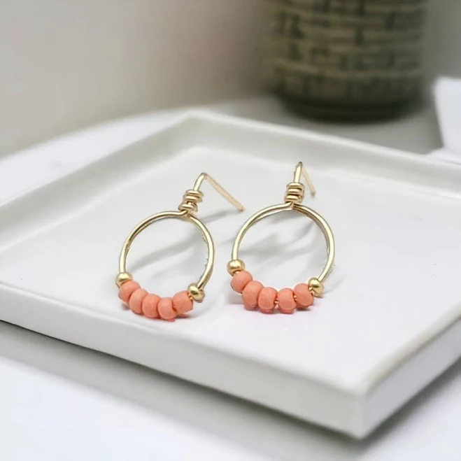 accessory Gold Hoop Stud Earrings with Coral Seed Beads Bijou by SAM $38